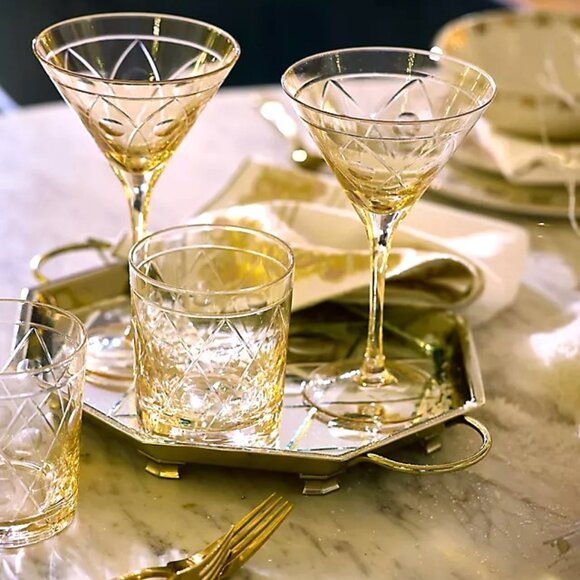 The Met X Anthropologie Double Old Fashioned Glasses Honey Color Set of 4 New - Picture 5 of 6